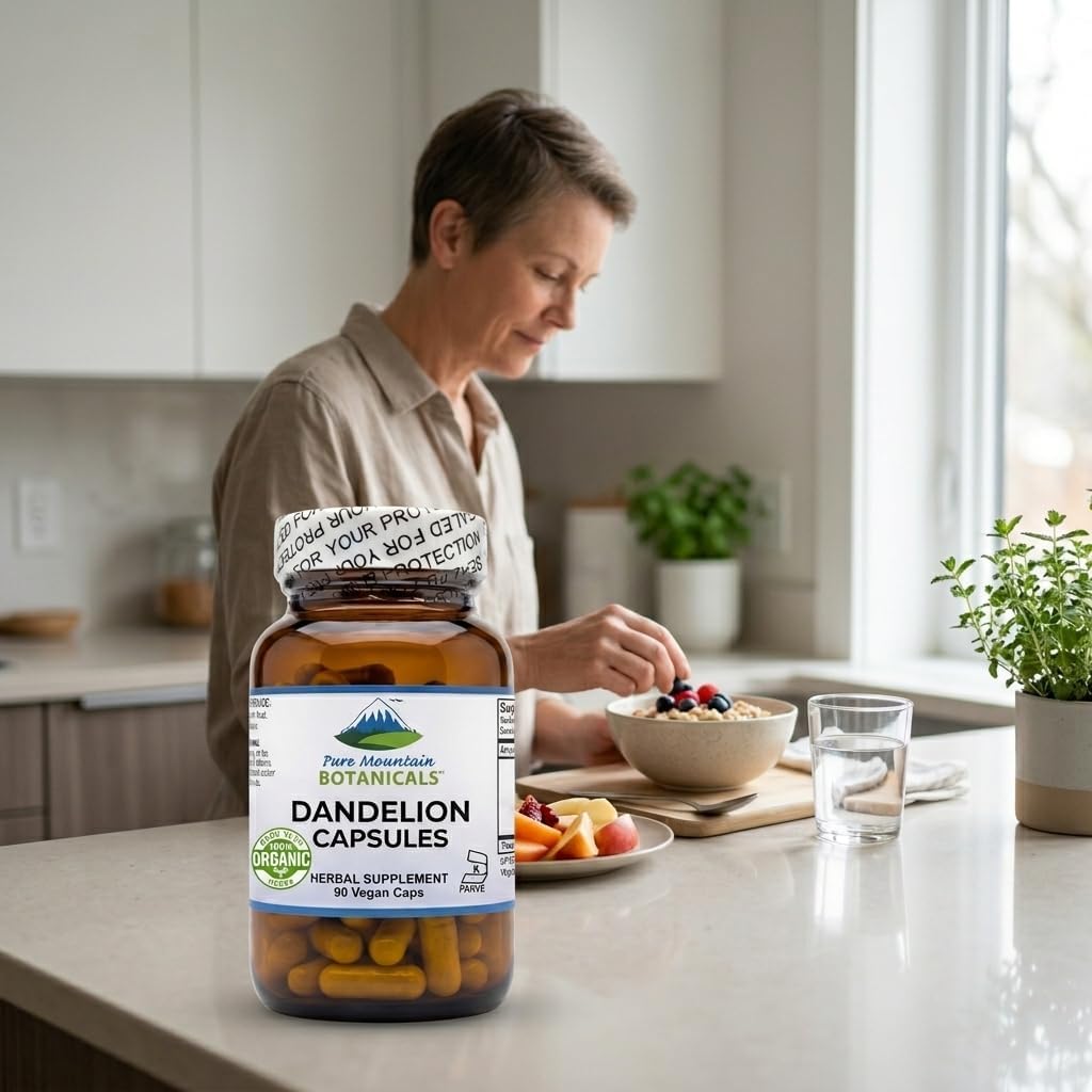 Pure Mountain Botanicals Cápsulas de Raíz de Diente de León - 450mg Orgánico - 90 Cápsulas Veganas Kosher Sin OGM