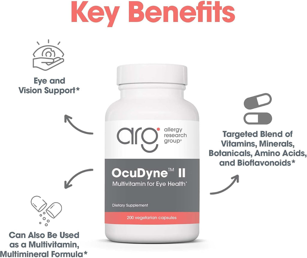 Allergy Research Group ARG OcuDyne II - Suplemento para la salud ocular con luteína, zeaxantina y antioxidantes - Fórmula multivitamínica - Vegetariano - 200 cápsulas