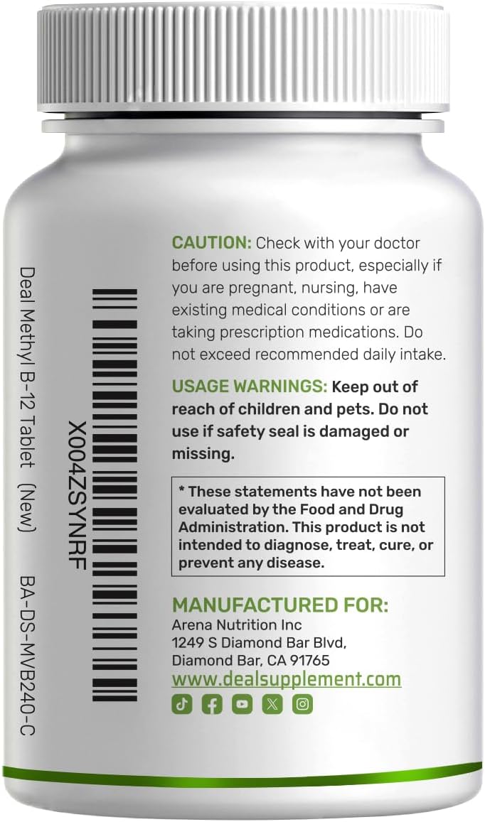 DEAL SUPPLEMENT Methyl B-12 5000 mcg, 240 Comprimidos Masticables | Forma Activa - Sabor Fresa - Energía y Función Cerebral - Vegano y Sin OGM