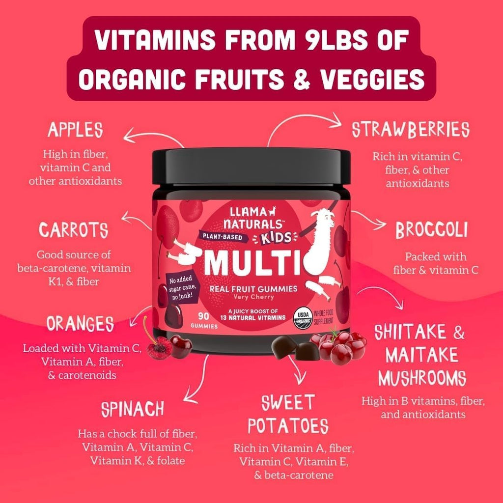 Llama Naturals Multivitamínico Infantil - Gomitas de Fruta Real, Sin Azúcar, Orgánico y Vegano - 90 Gomitas Sabor Cereza