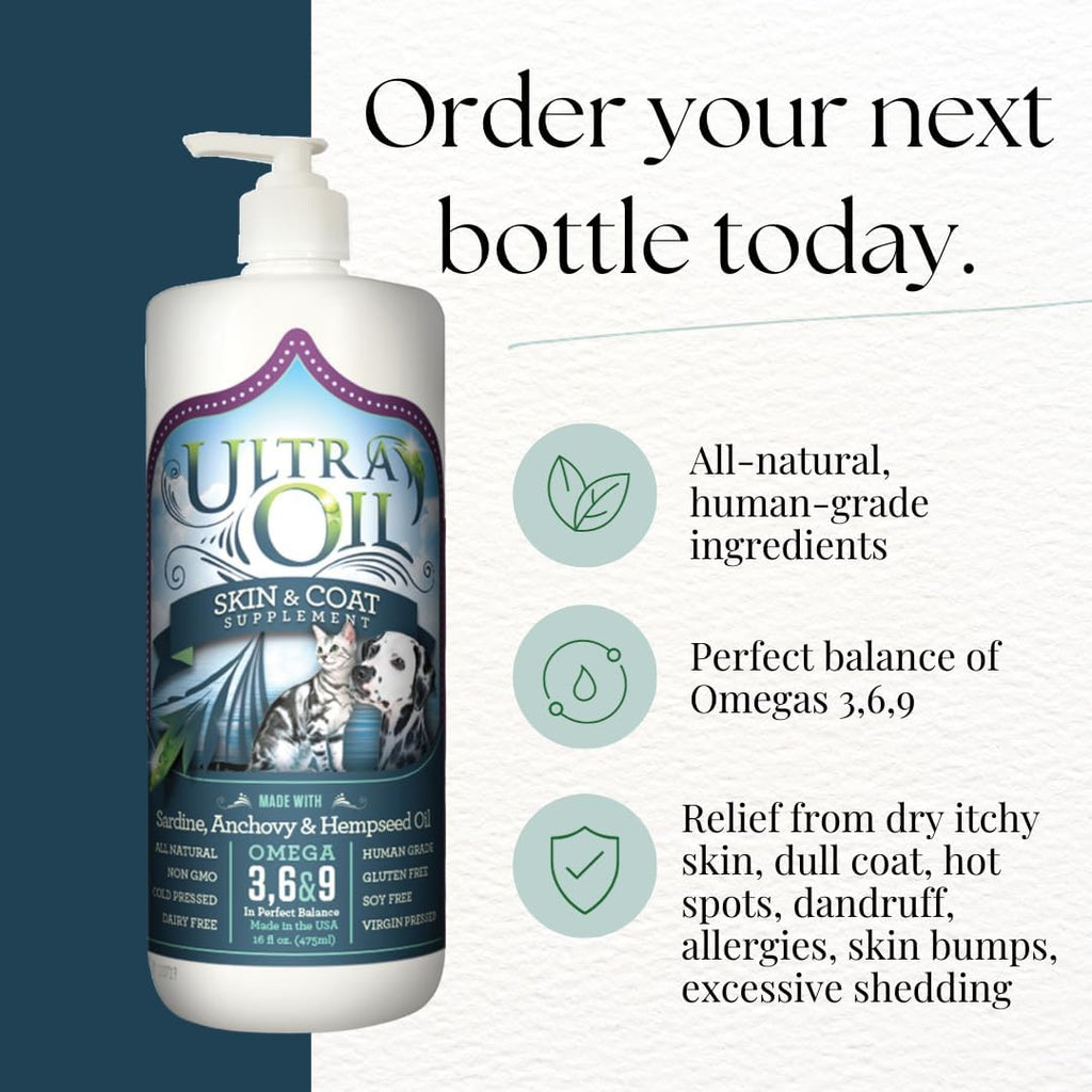 Ultra Oil Suplemento para Piel y Pelaje de Perros y Gatos con Aceite de Pescado, Cáñamo, Linaza y Uva - 3.785 Litros
