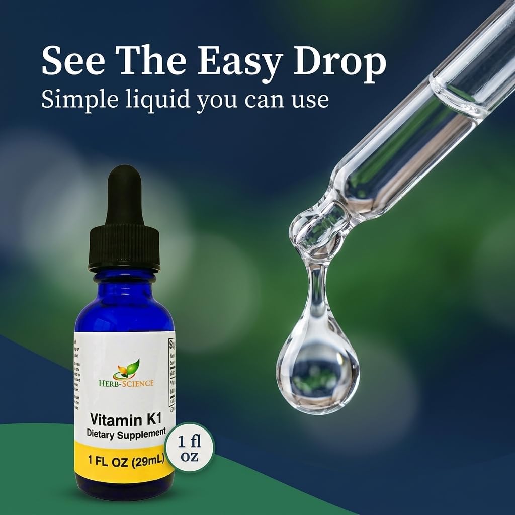 Herb-Science Vitamina K1 Gotas - Suplemento de Vitamina K1 y Aceite de Cártamo - Apoya la Salud de la Sangre, Huesos y Piel - Sin Alcohol, Vegano, 30 ml (1 fl oz), 36 porciones
