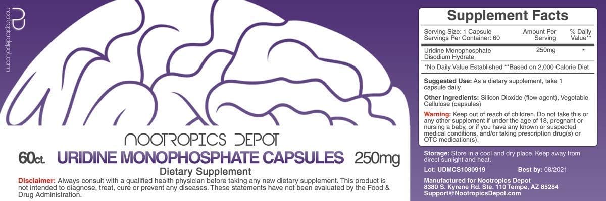 Nootropics Depot Uridine Monophosphate Capsules | Sal disódica (60 cápsulas) | Potenciador cognitivo | Nootrópico | Precursor de colina
