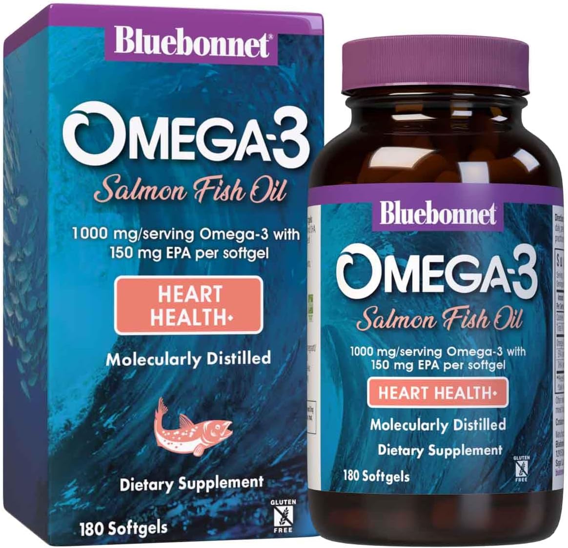 BlueBonnet Omega 3 1000mg Aceite de Salmón Salvaje - EPA DHA - 180 Cápsulas