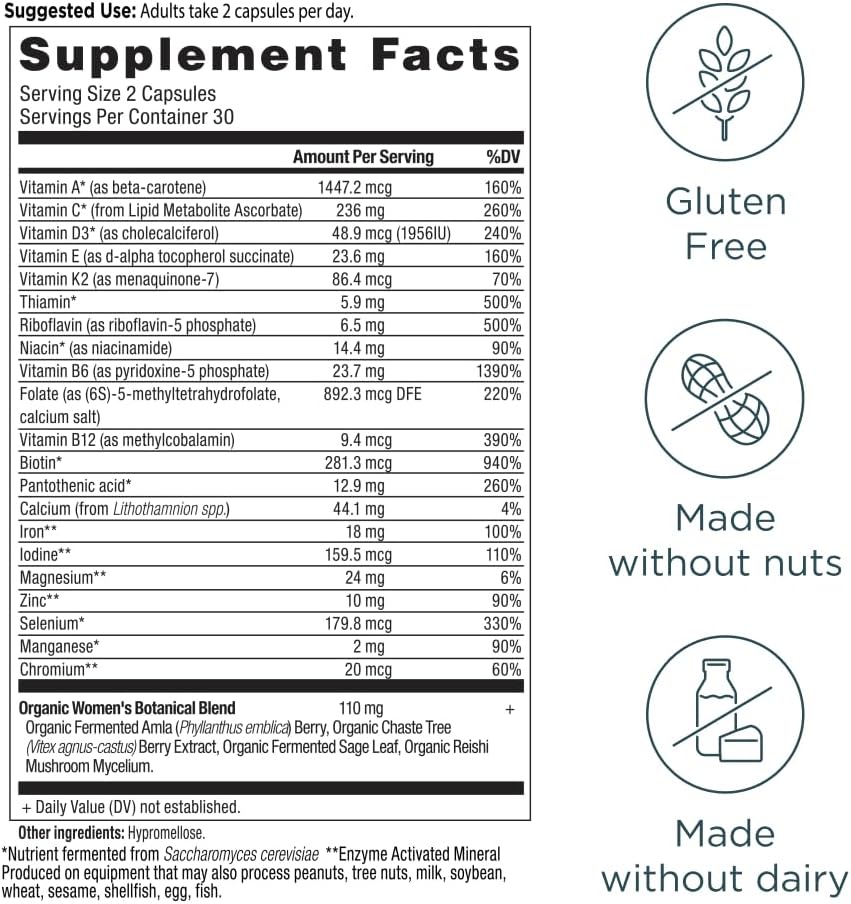 Ancient Nutrition Multivitamin for Women, Women's Fermented Multivitamin with Methylated Vitamin C, D, K, Zinc & Magnesium, Immune Support, Vegan, 60 Ct