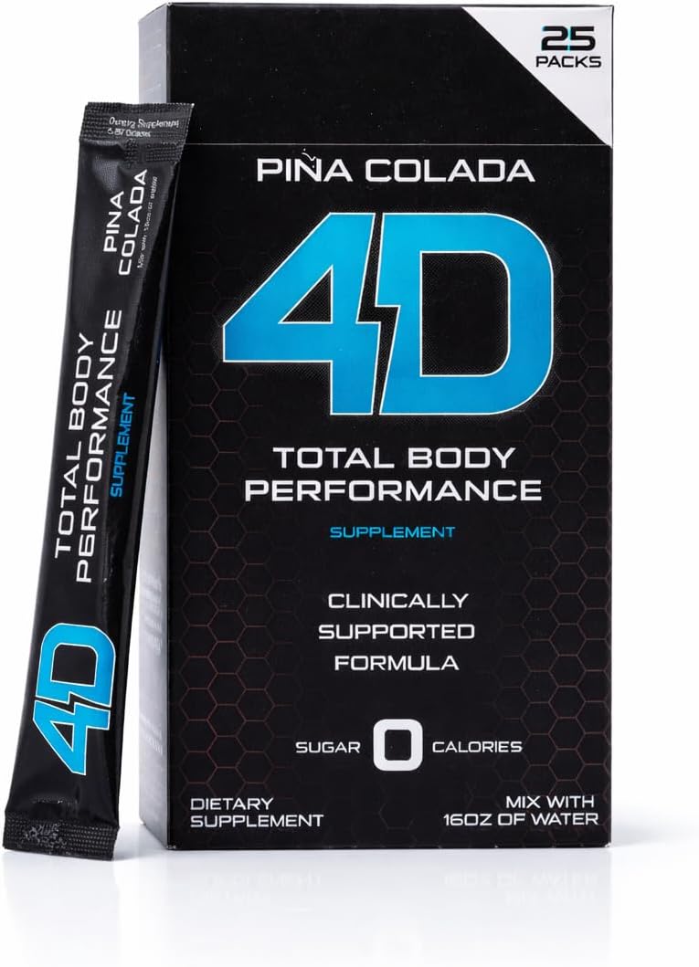 4D Pina Colada Drink Mix - 25 Sobres - Electrolitos, Aminoácidos y Vitaminas - Sin Calorías ni Azúcares - Vegano, Keto y Sin Gluten