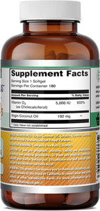 Amazing Formulas Vitamina D3 con Aceite de Coco - 5000 IU - 180 Cápsulas Blandas