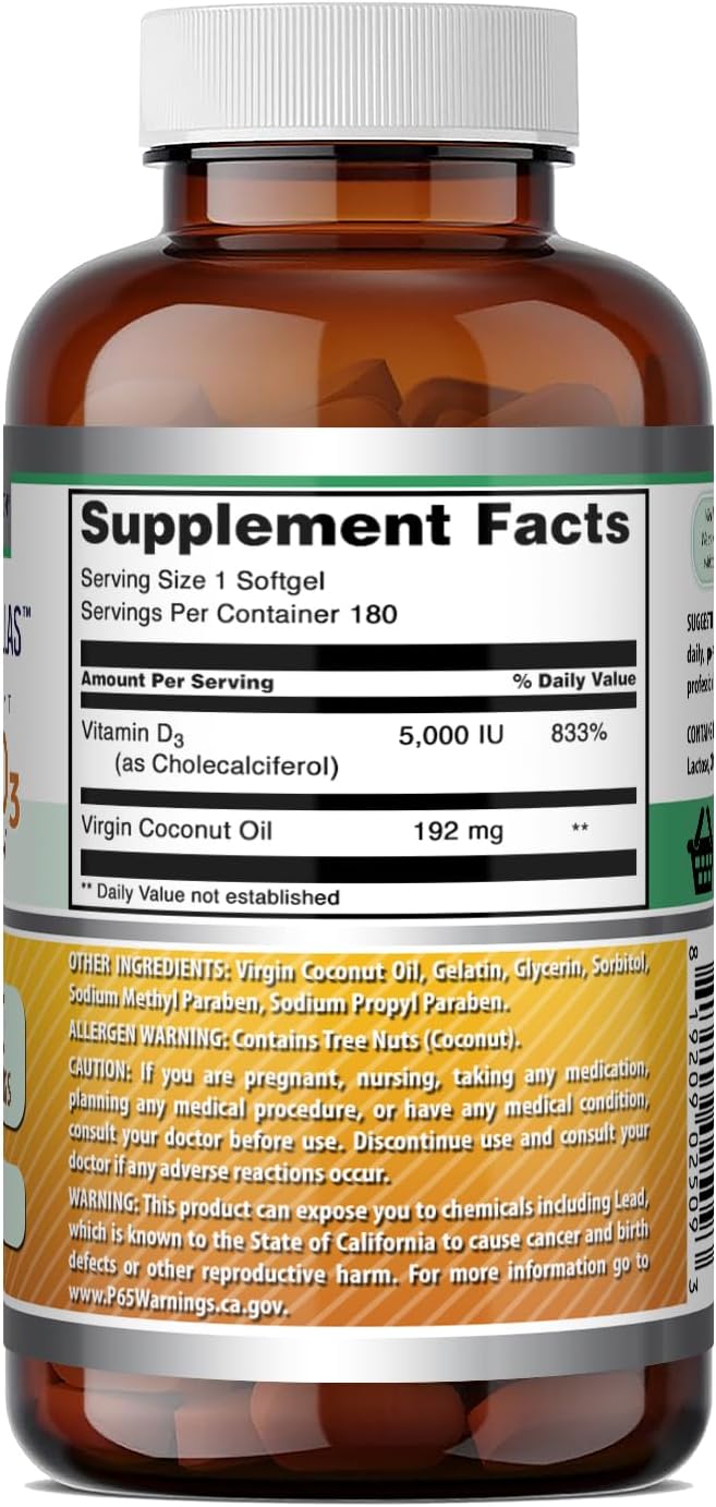 Amazing Formulas Vitamina D3 con Aceite de Coco - 5000 IU - 180 Cápsulas Blandas
