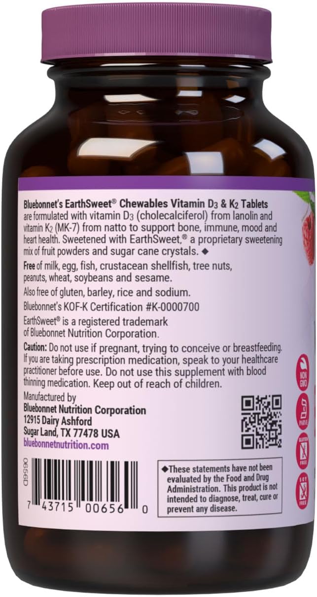 Bluebonnet Nutrition Vitamina D3 y K2 EarthSweet Comprimidos Masticables, 60 unidades