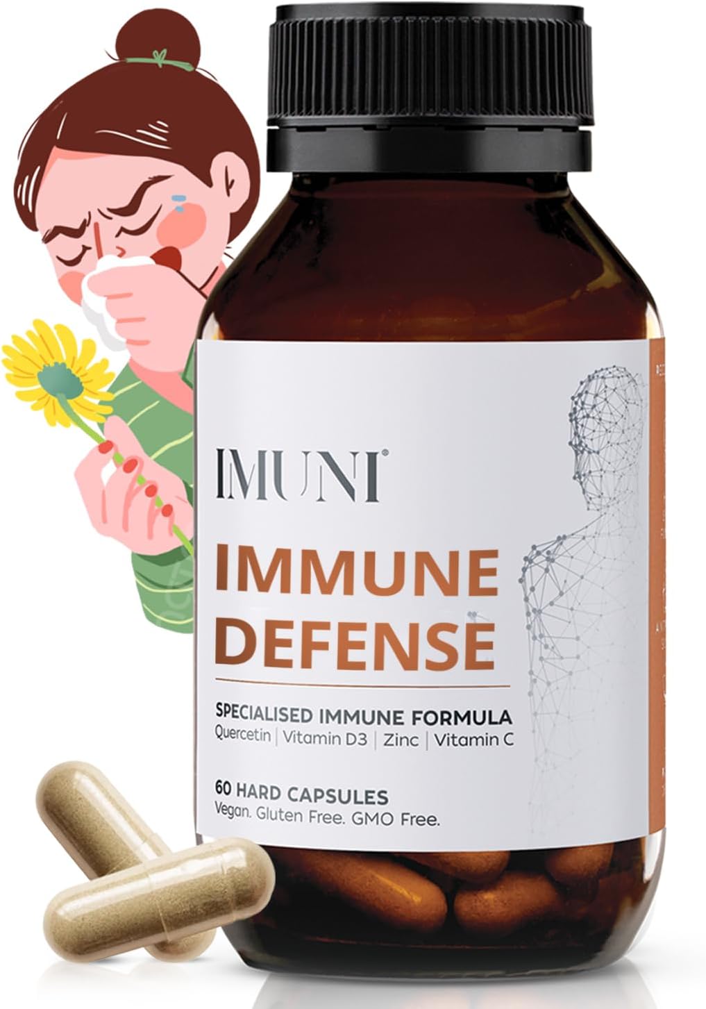 IMUNI Apoyo Alergias e Inmunidad - Quercetina, Vitamina C, Zinc y D3 - 60 Cápsulas Veganas