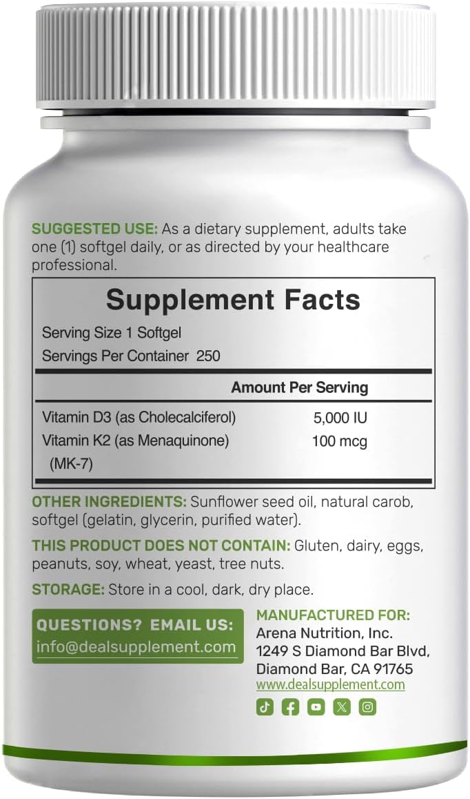 DEAL SUPPLEMENT 2 Paquete Vitamina D3 5.000 UI + K2 MK7 Softgels, 500 Cápsulas | Complejo 2 en 1 | Apoya la Salud del Corazón, Huesos, Dientes e Inmunidad | Fáciles de Tragar