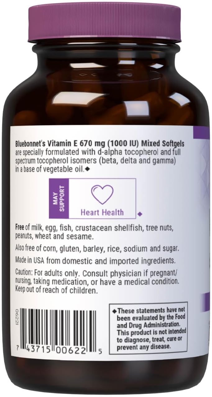 Bluebonnet Vitamina E 1000 UI con Tocoferoles Mixtos, 50 cápsulas