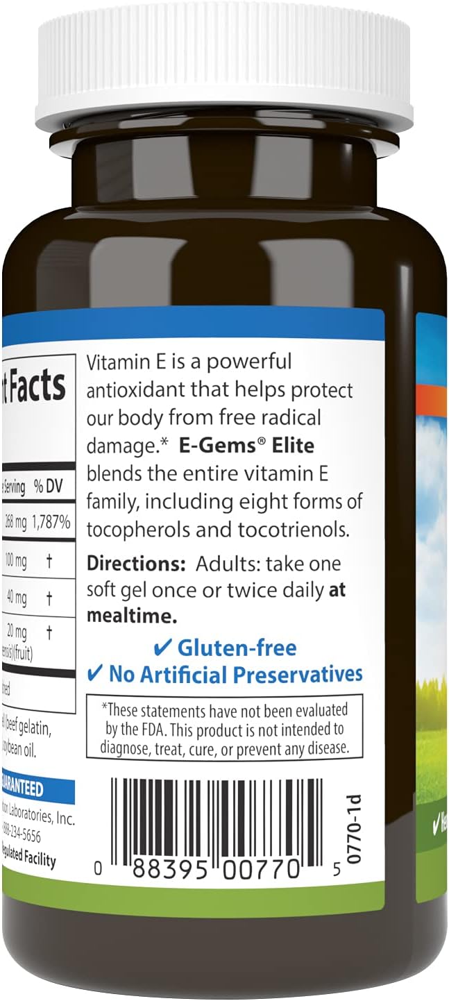 Carlson E-Gems Elite, 400 UI Vitamina E con Tocoferoles y Tocotrienoles, 60 perlas