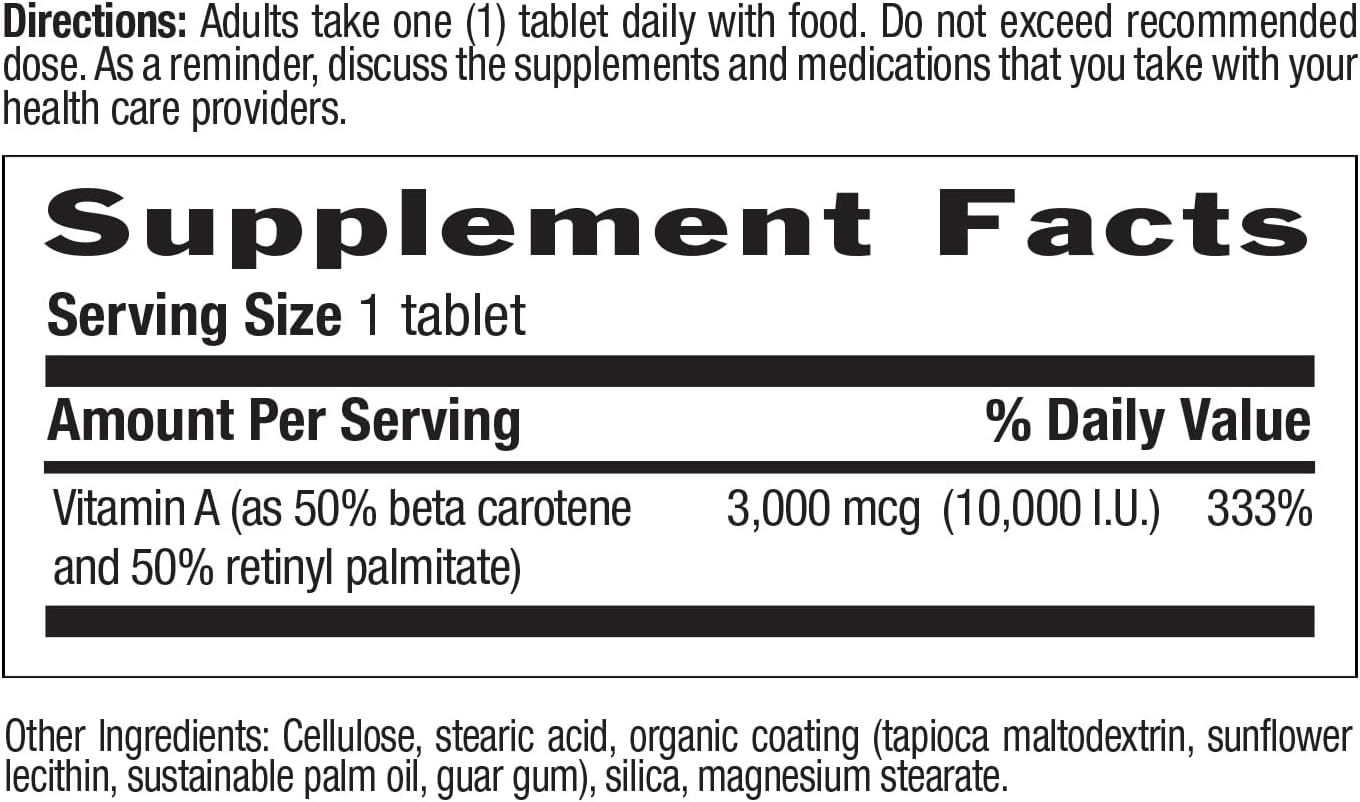 Country Life Vitamina A 10.000 UI - Apoyo Inmunológico, Salud de la Piel y Ojos - 50% Betacaroteno y 50% Palmitato de Retinilo - 100 Comprimidos