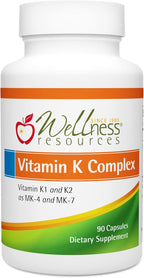 Wellness Resources Complejo de Vitamina K - 600 µg Vitamina K2 (como MK-4 y Trans MK-7) y 1000 µg K1 - Salud Ósea y Cardiovascular - 90 Cápsulas No-GMO