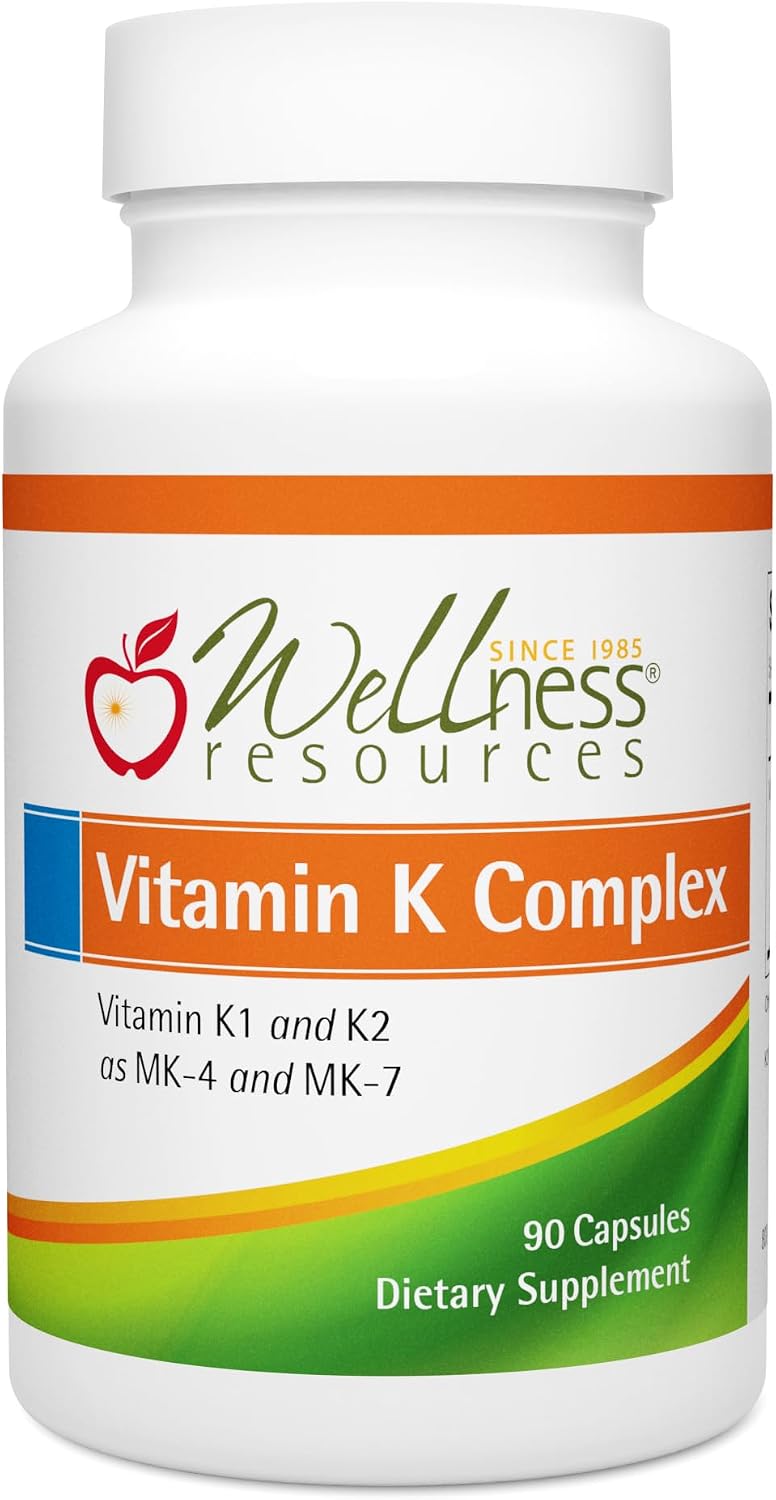 Wellness Resources Complejo de Vitamina K - 600 µg Vitamina K2 (como MK-4 y Trans MK-7) y 1000 µg K1 - Salud Ósea y Cardiovascular - 90 Cápsulas No-GMO