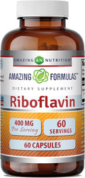Amazing Formulas Riboflavina (Vitamina B2) Suplemento | 400 mg | 60 Cápsulas | Sin OGM | Sin Gluten