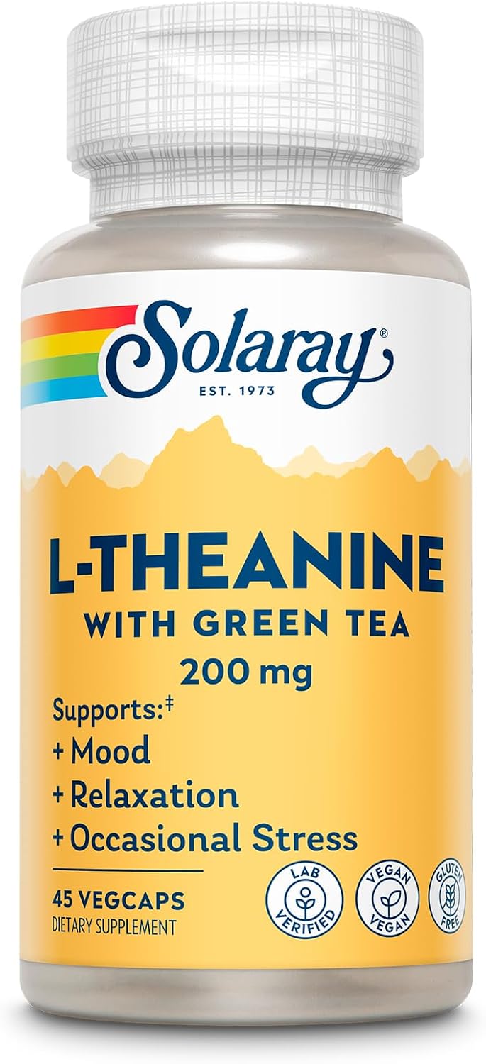 SOLARAY L-Theanine 200mg with Green Tea – Mood, Relaxation & Occasional Stress Support – 45 Vegan Capsules