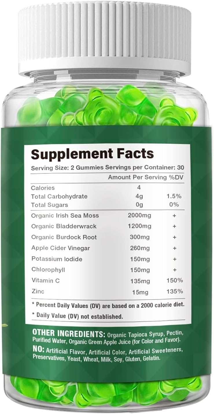 Riyuetian Gominolas de Musgo Marino - 60 unidades - Sabor Natural a Manzana - Suplemento de Sea Moss con Bladderwrack y Raíz de Bardana - Vegano y No GMO