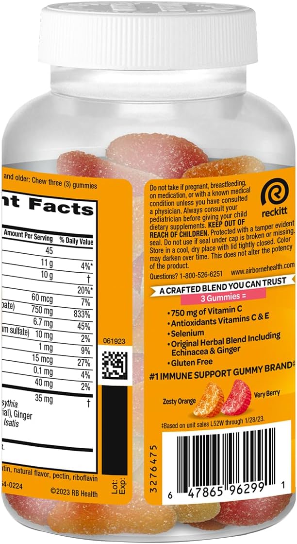 Airborne 750 mg Vitamina C Gominolas para Adultos, Sabor Frutas Variadas, Sin Gluten, 63 Gominolas (Paquete de 3)