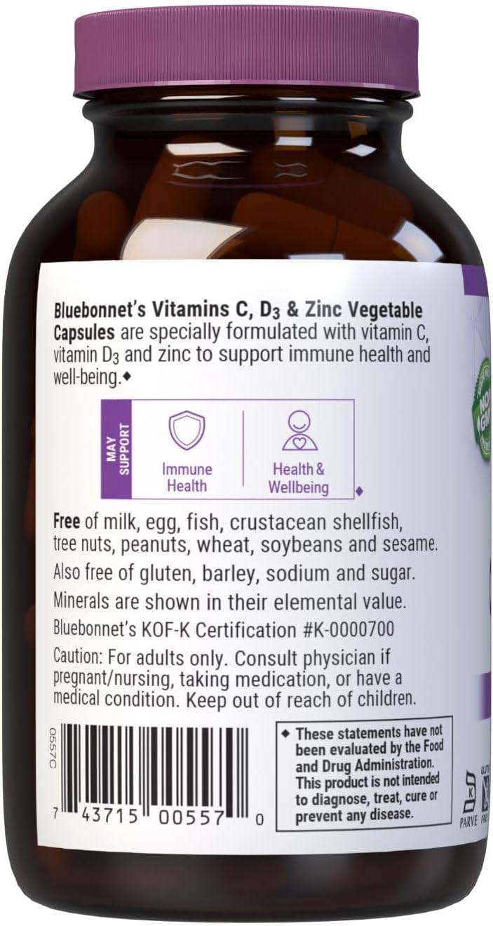 Bluebonnet Nutrition Vitamina C, D3 y Zinc – 100 Cápsulas Vegetales