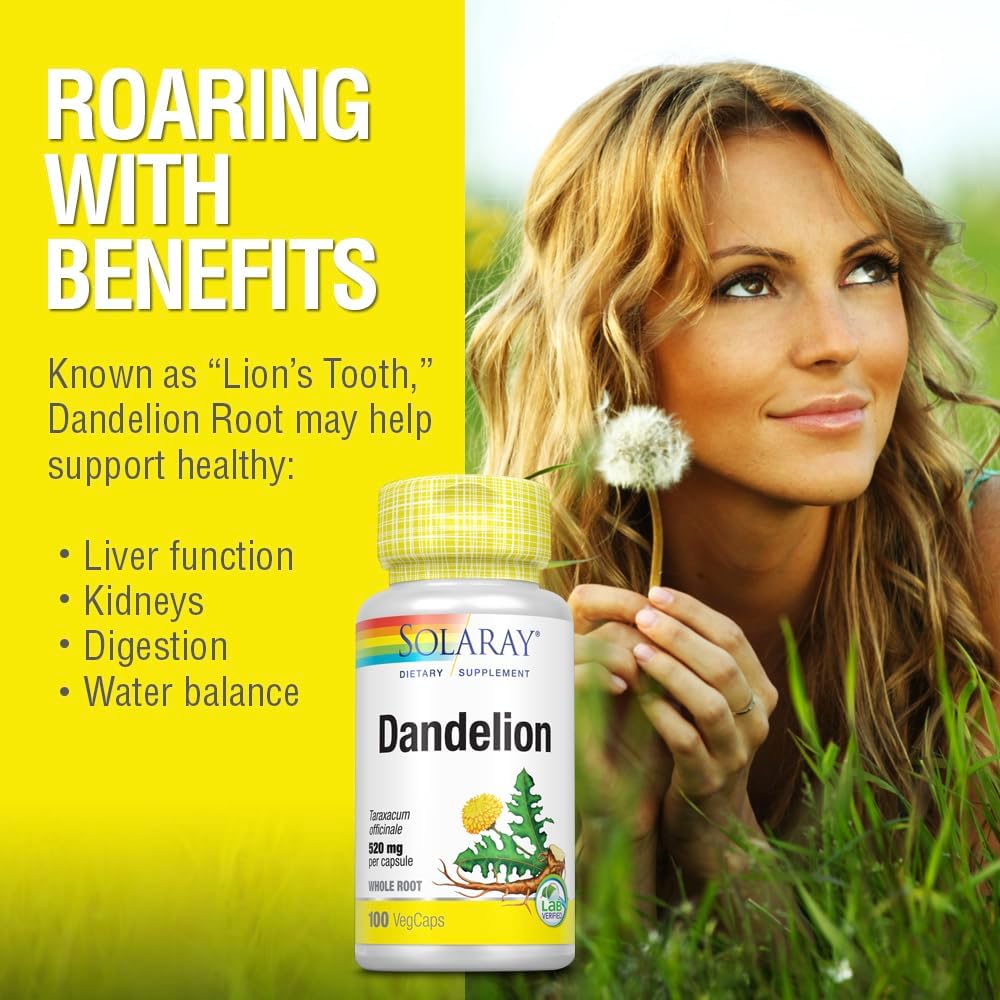 Dandelion Root SOLARAY | Liver, Kidney, Digestion & Water Balance Support | Non-GMO, Vegan, 100 Veggie Capsules