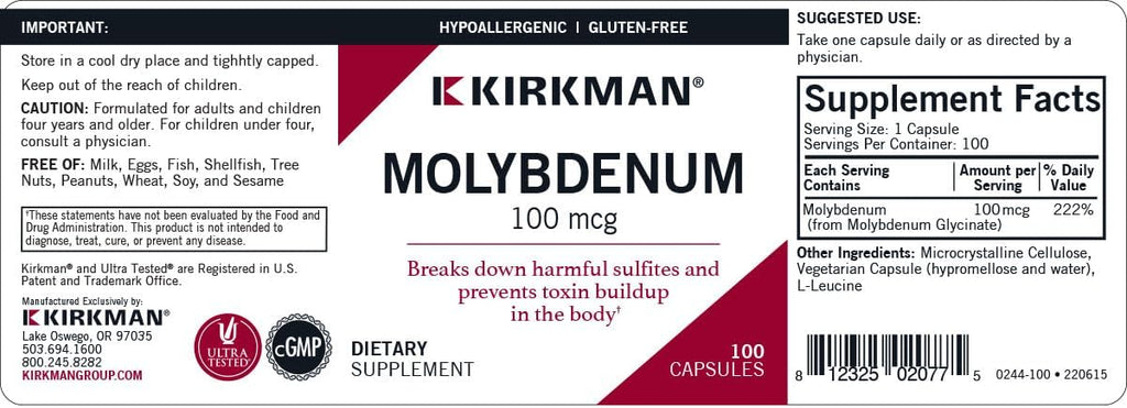 Kirkman Molibdeno 100 mcg, 100 Cápsulas - Mineral Esencial Hipoalergénico