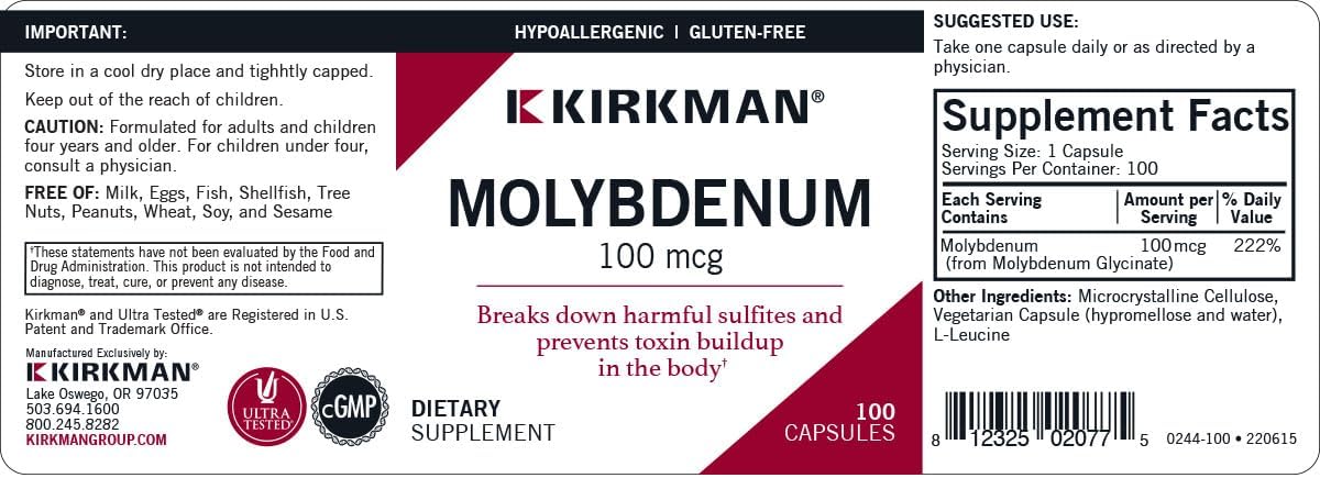 Kirkman Molibdeno 100 mcg, 100 Cápsulas - Mineral Esencial Hipoalergénico