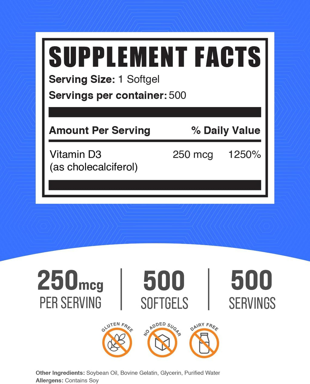 BulkSupplements.com Vitamina D3 10000 UI Cápsulas Blandas - 500 Cápsulas