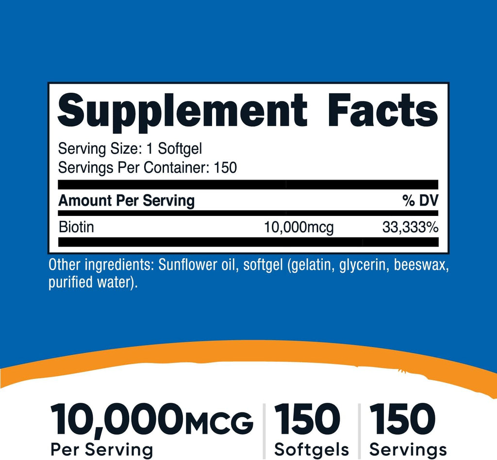 Nutricost Biotina (10.000 mcg) 150 Cápsulas Blandas - Sin Gluten, No GMO
