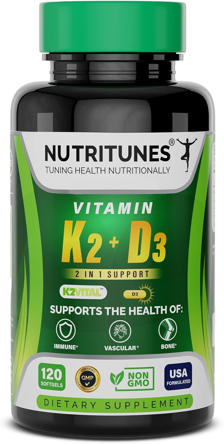 Nutritunes K2 D3 Liquid Drops – Vitamina D3 10.000 UI y K2 200 mcg – Complemento de Alta Potencia – Sabor a Bayas Mixtas – 30 Servicios (60 ml)
