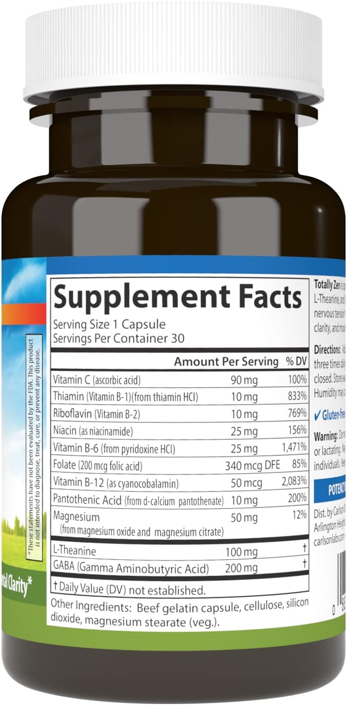 Carlson Totally Zen - GABA, L-Teanina y Vitaminas B - 30 Cápsulas
