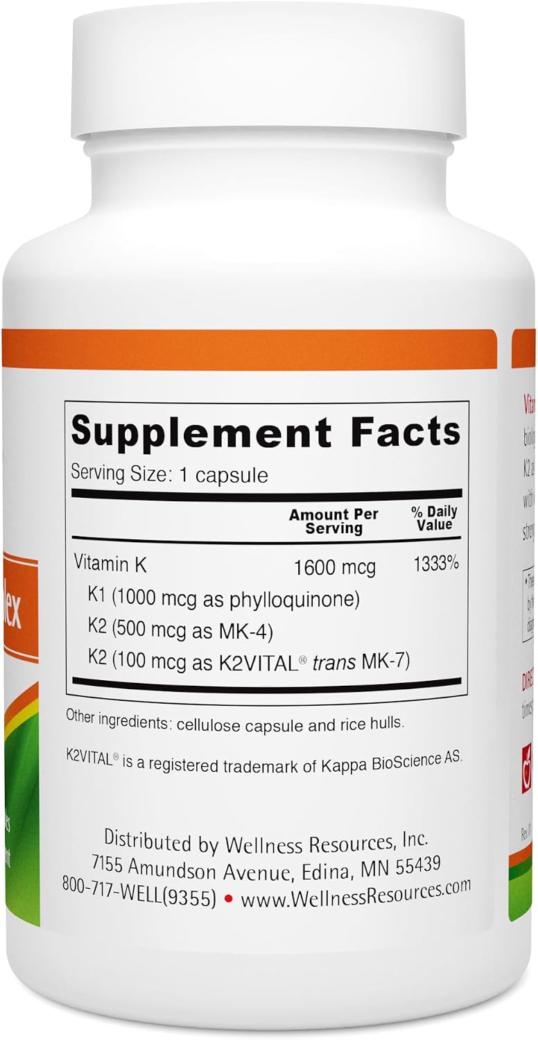 Wellness Resources Complejo de Vitamina K - 600 µg Vitamina K2 (como MK-4 y Trans MK-7) y 1000 µg K1 - Salud Ósea y Cardiovascular - 90 Cápsulas No-GMO