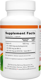Wellness Resources Complejo de Vitamina K - 600 µg Vitamina K2 (como MK-4 y Trans MK-7) y 1000 µg K1 - Salud Ósea y Cardiovascular - 90 Cápsulas No-GMO