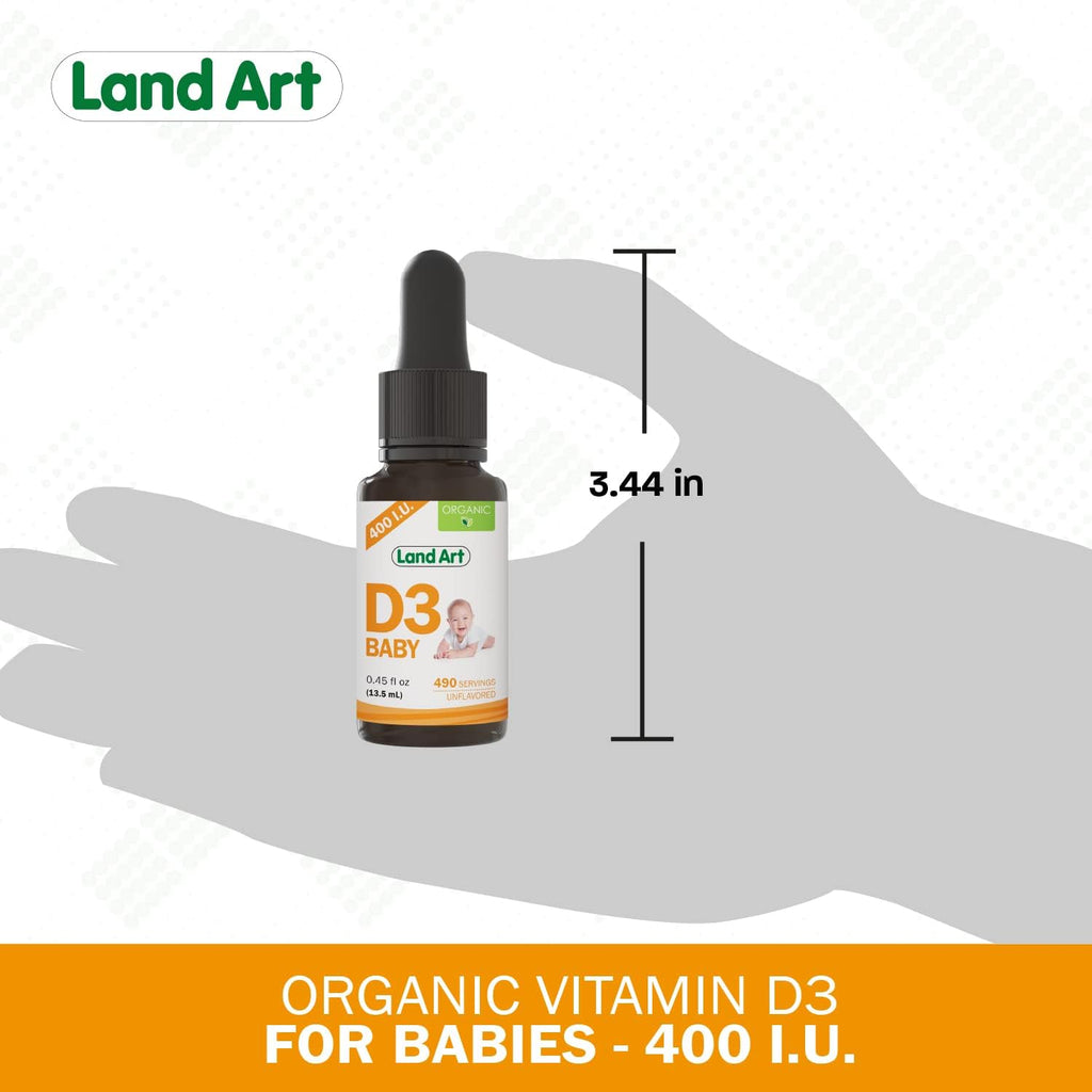 Land Art – Gotas de Vitamina D3 Orgánica para Bebés – 400 UI por gota – 490 Dosis – Sin OGM y Sin Gluten – 13 ml
