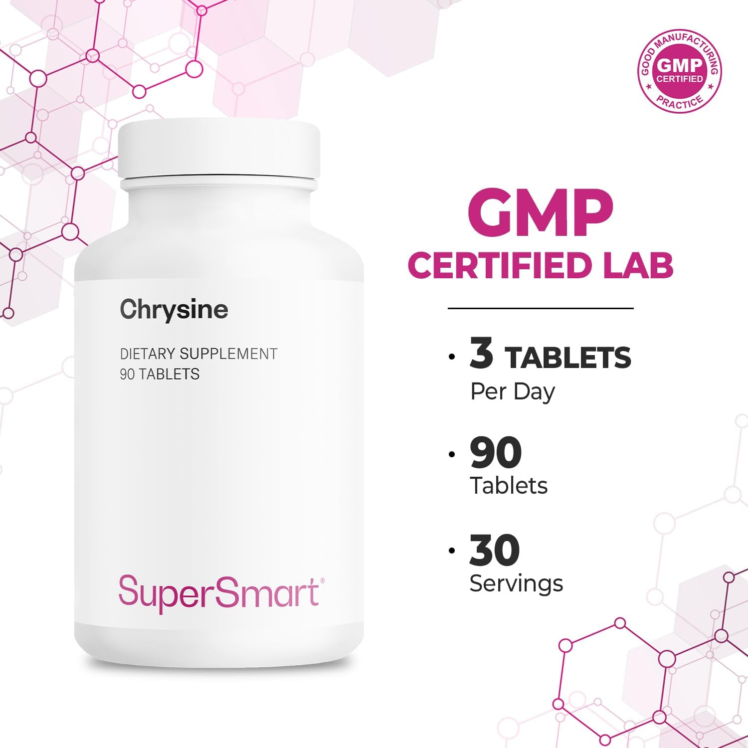 Supersmart - Chrysine 1500 mg Per Day - Flavonoide Natural - Ayuda a Equilibrar las Hormonas - No-GMO y Sin Gluten - 90 Comprimidos