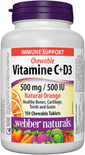 Webber Naturals Vitamina C + D3 500 mg / 500 IU, Sabor Naranja Natural, 150 Comprimidos Masticables
