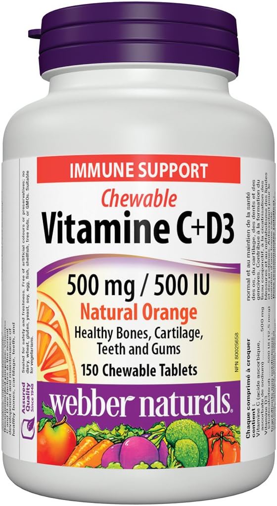 Webber Naturals Vitamina C + D3 500 mg / 500 IU, Sabor Naranja Natural, 150 Comprimidos Masticables