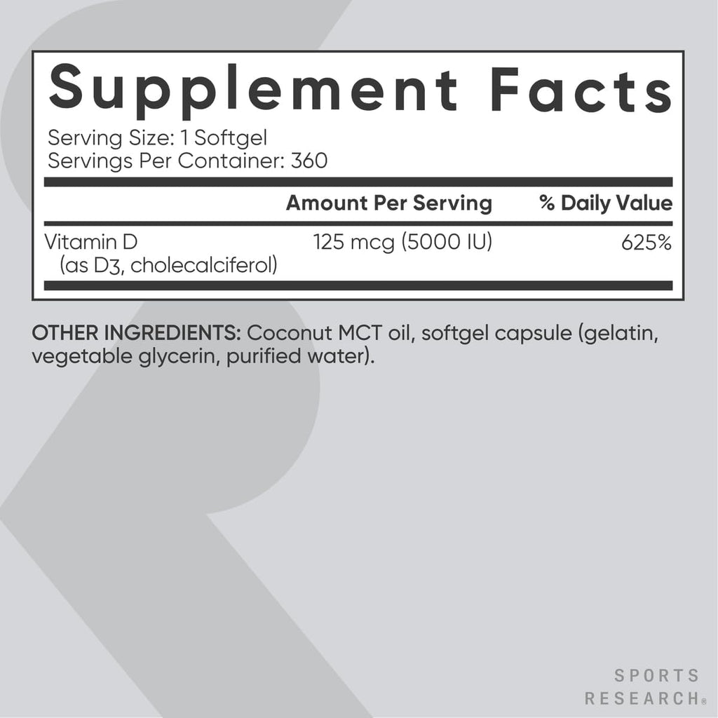 Sports Research Vitamina D3 5000 UI con Aceite de Coco MCT - Alta Potencia, 125 mcg, 360 Cápsulas Blandas