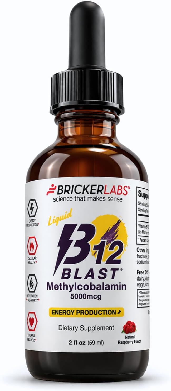 Bricker Labs B12 Blast Metilcobalamina 1000mcg - Suplemento Líquido Sublingual de Vitamina B12, Vegano, 59 Dosis