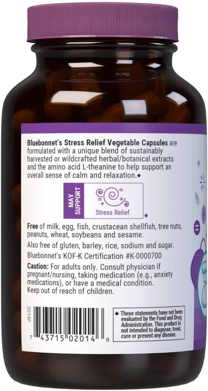 BlueBonnet Targeted Choice Stress Relief – Complemento Alimenticio con Ashwagandha, L-Teanina, Melisa y Rhodiola para el Estrés – 60 Cápsulas Vegetales