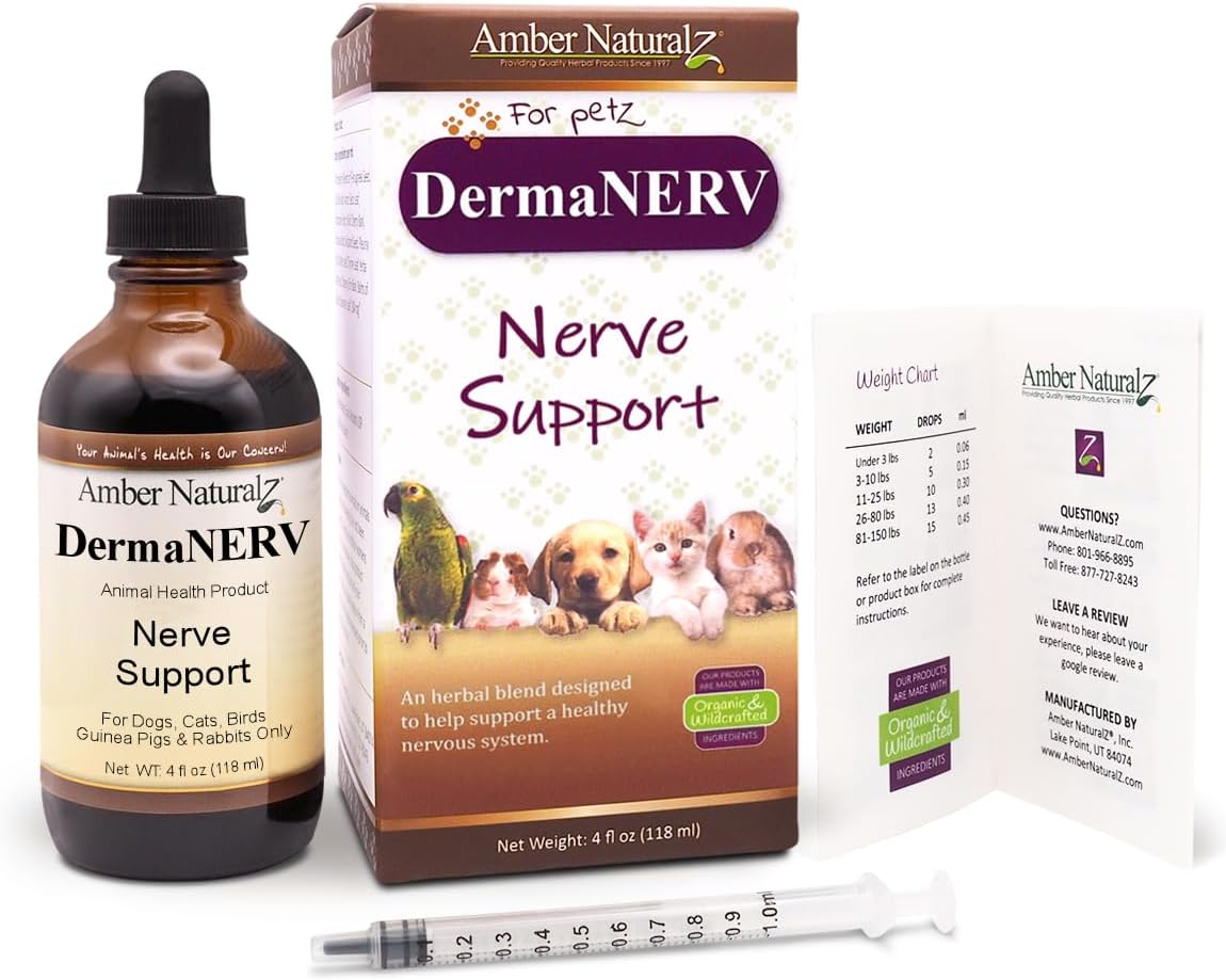 Amber NaturalZ DermaNERV Suplemento Herbal para Perros, Gatos, Aves, Cobayas y Conejos | Apoyo al Sistema Nervioso | Comportamiento Equilibrado | Funciones Nerviosas Saludables 118 ml