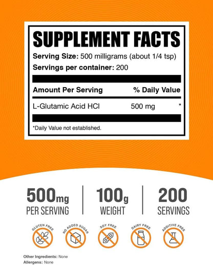 L-Ácido Glutámico HCl en Polvo - 500mg por Ración - 100g (3.5 oz) – Image 2