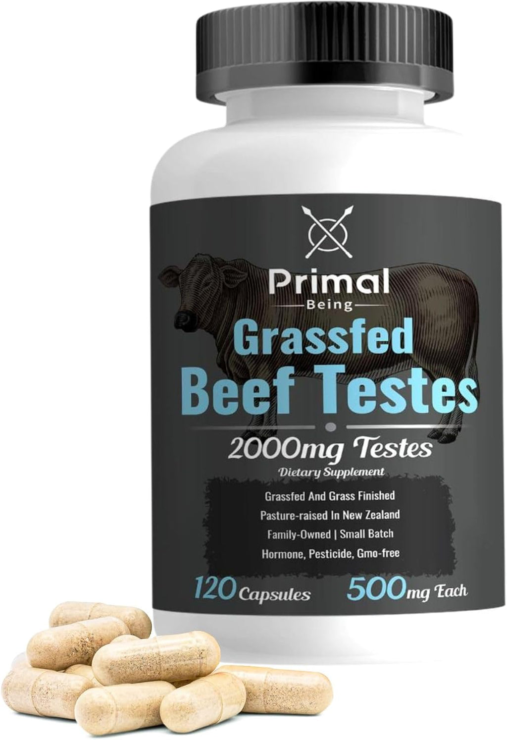 Primal Being Cápsulas de Testículos de Res Alimentados con Pasto – Suplemento de Órganos para Hombres, Nueva Zelanda, 120 Cápsulas