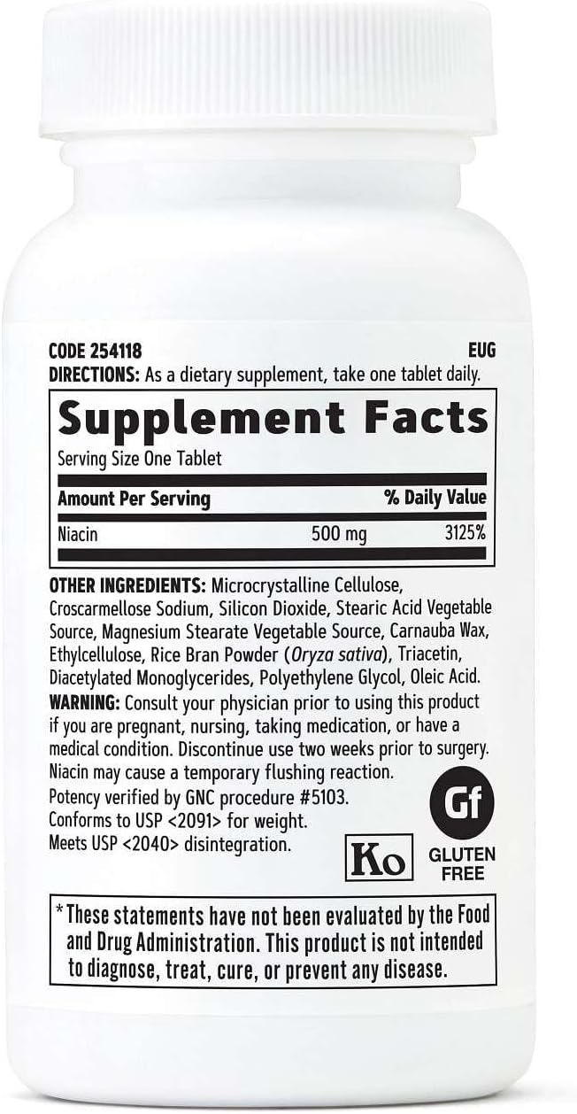 GNC Niacina 500 mg, 100 Comprimidos Vegetarianos