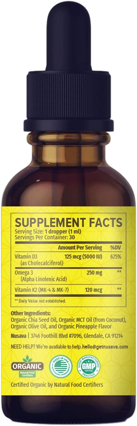 (Pack de 4) Gotas Orgánicas de Vitamina D3 K2 con Aceite MCT y Omega 3 - Líquido Vitamina D3 5000 UI - Suplemento D3 K2 - Sin Rellenos, No GMO, GMP, Piña (4 Fl Oz)