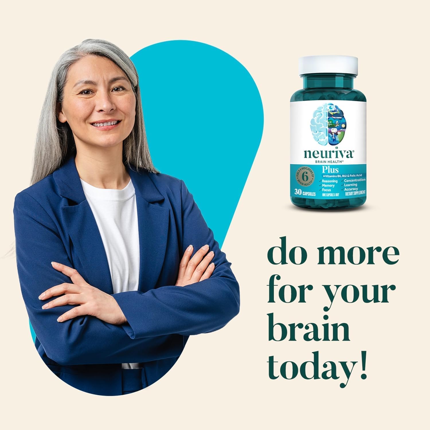 NEURIVA Plus Complemento para Memoria, Enfoque y Concentración con Neurofactor y Fosfatidilserina, Vitaminas B6 y B12, 60 Cápsulas (2 Paquetes de 30)