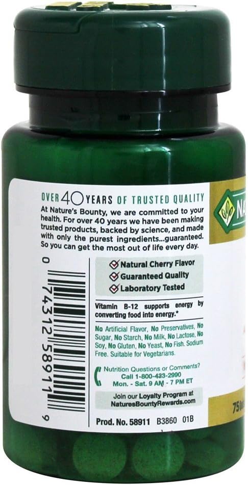 Nature's Bounty Vitamina B12 Sublingual 2500 mcg, 75 Comprimidos Sabor Cereza (Paquete de 9)