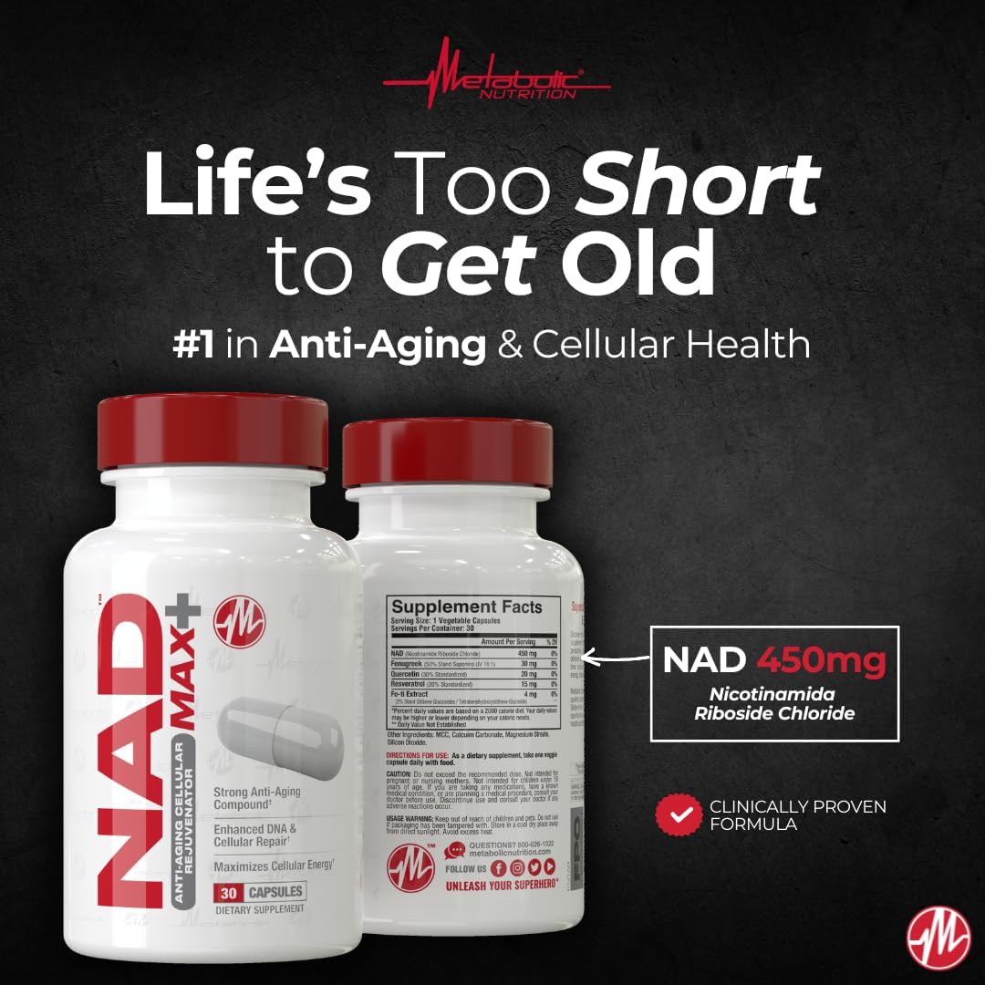 Metabolic Nutrition NAD MAX Plus+ 450mg de NAD + Fenogreco, Quercetina, Resveratrol y Extracto de Fo-ti para Rejuvenecimiento Celular, Apoya la Energía Celular, 30 Cápsulas Vegetales