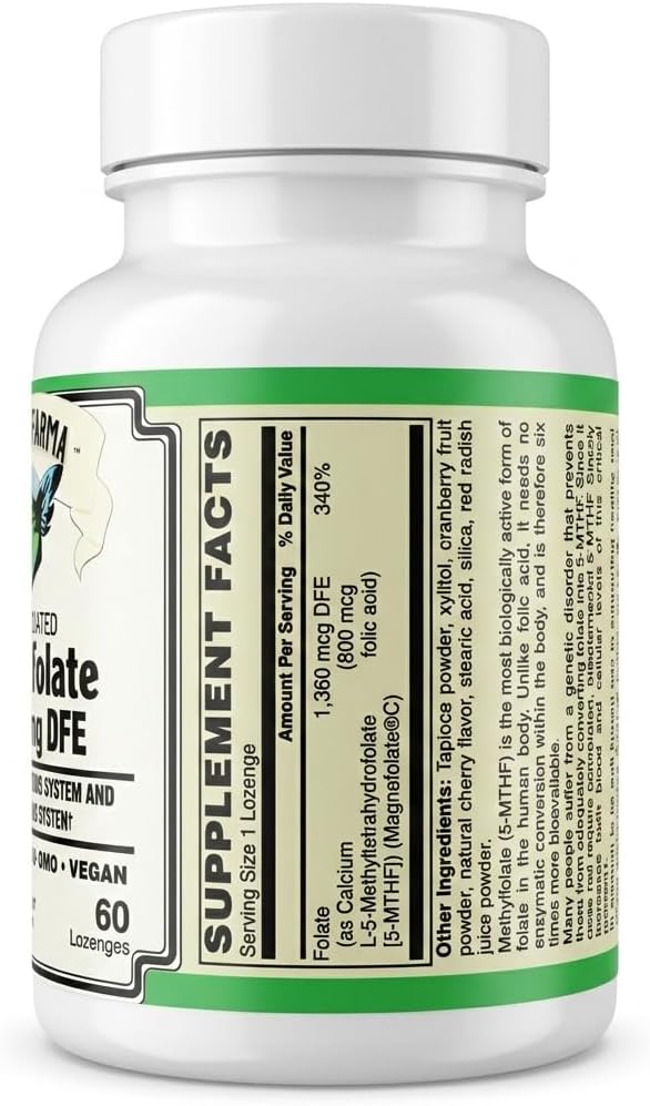 AlchePharma Metilfolato Coenzimado 1.360 mcg DFE - L-5-MTHF Bioactivo - Sin Gluten, Vegano, No OMG - Sabor Cereza Natural - 60 Comprimidos
